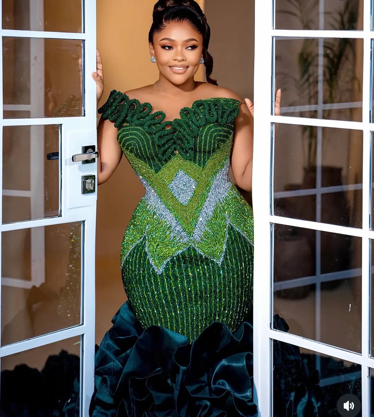 Beaded Green Ruffle Dress