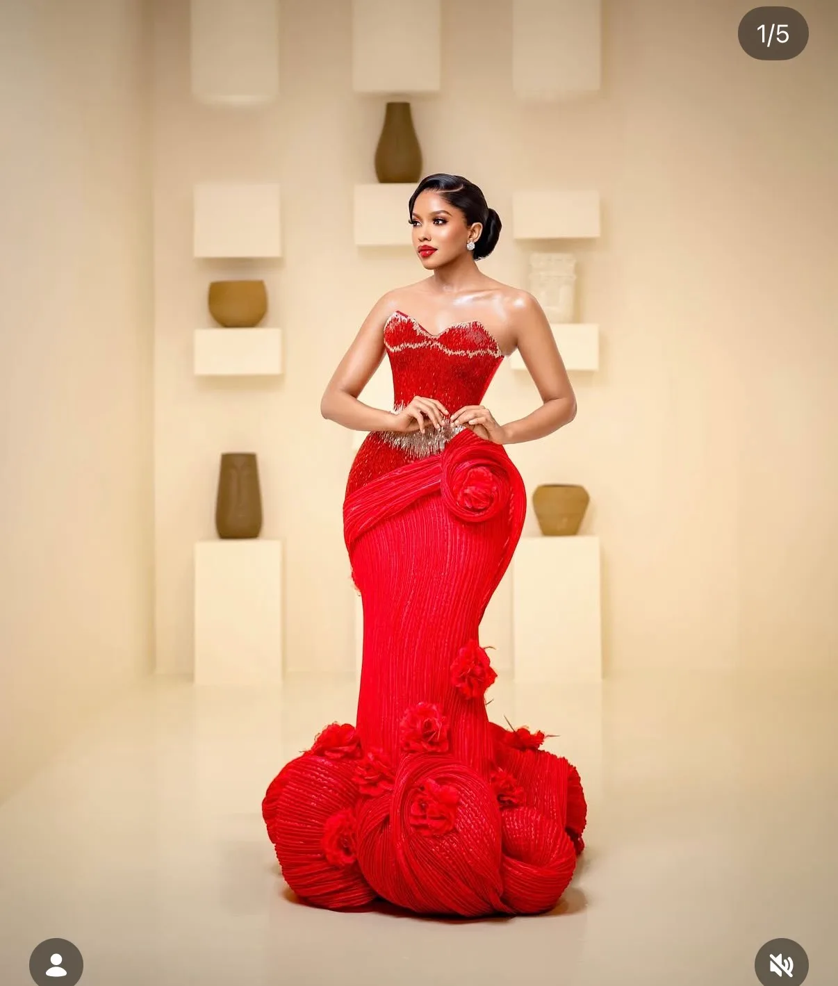 Red Rosette Pleated Dress