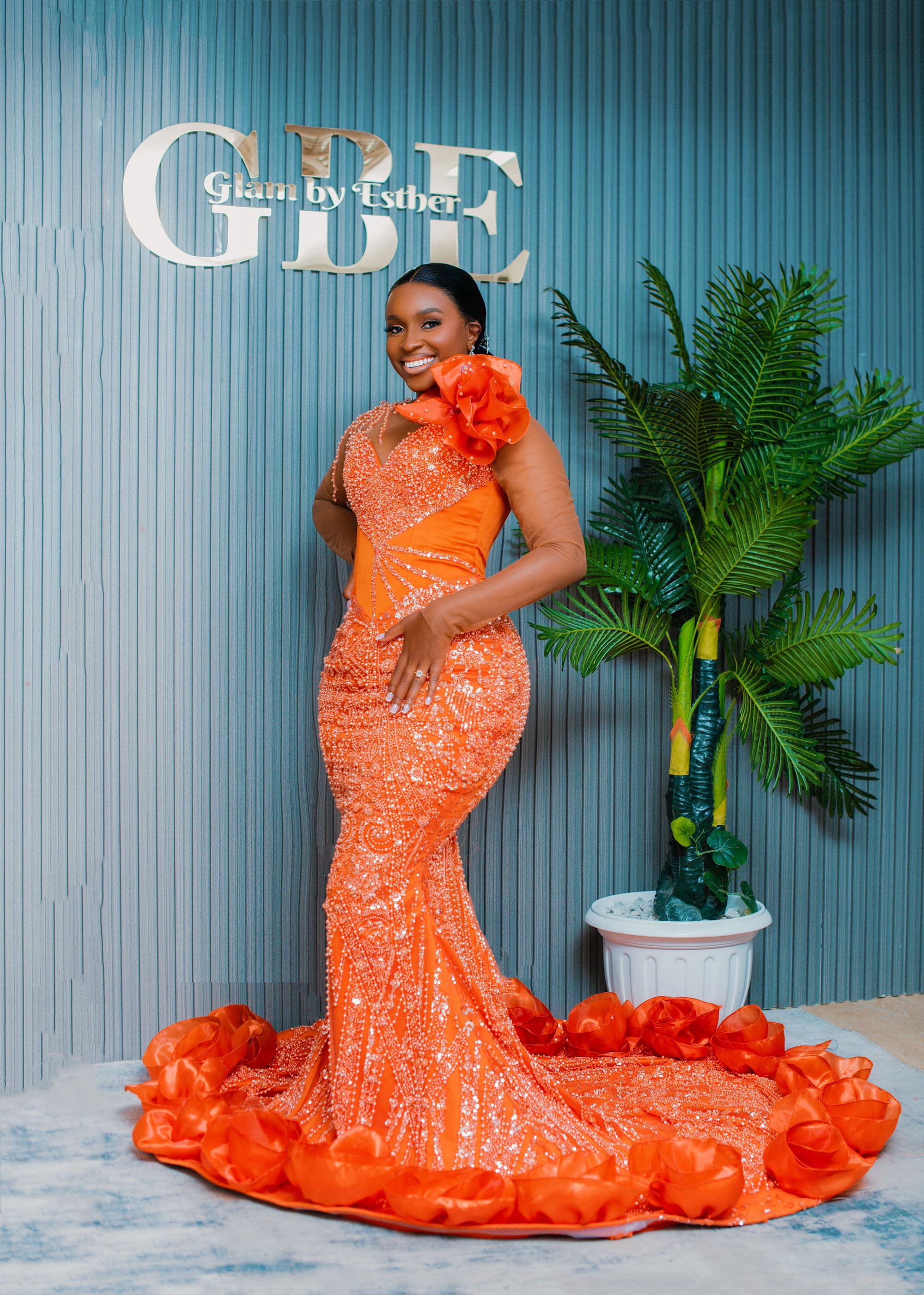 Beaded Ruffle Orange Dress