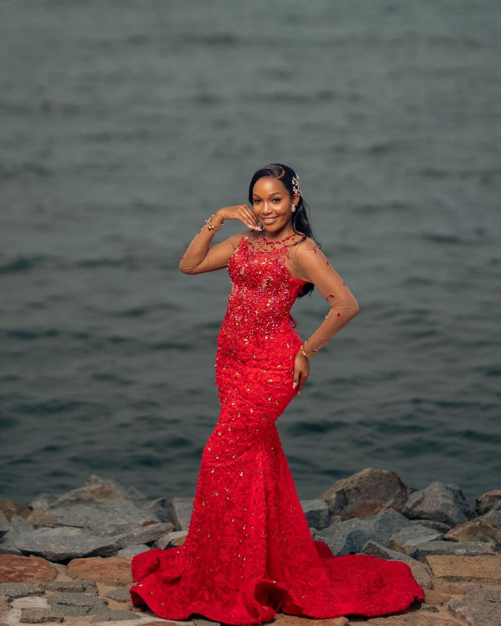 Beaded Floral Red Gown