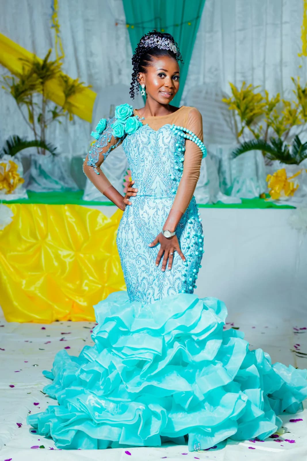 Beaded Turquoise Ruffle Gown