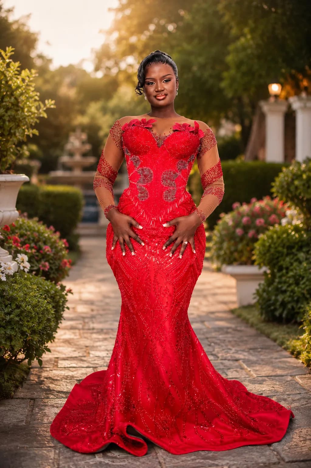 Red Sequin Mermaid Gown with Lace Sleeves
