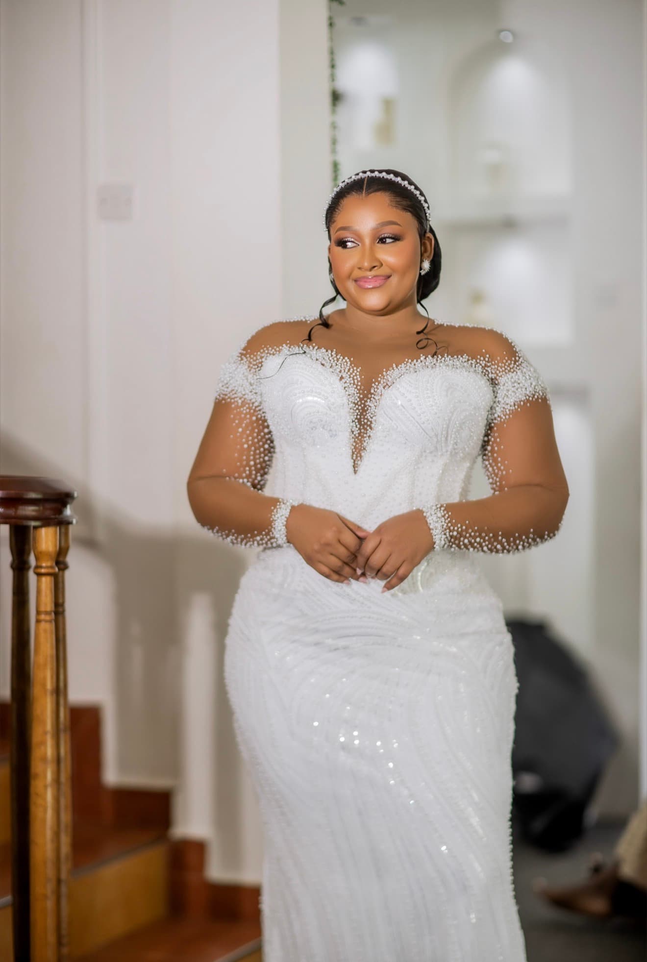 Glamorous Off-Shoulder Pearl-Embellished Mermaid Wedding w, photo 1 of 7